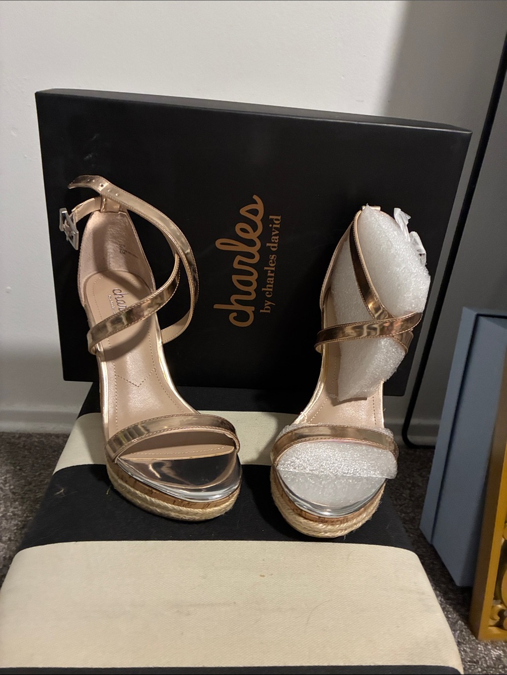 Charles by Charles David Metallic Rose Gold Espadrille Wedge Sandals